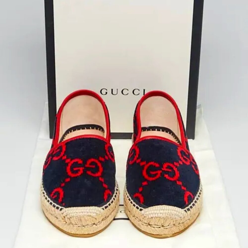 Gucci GG Logo Pilar Jute Espadrille Flat Blue Red Velvet